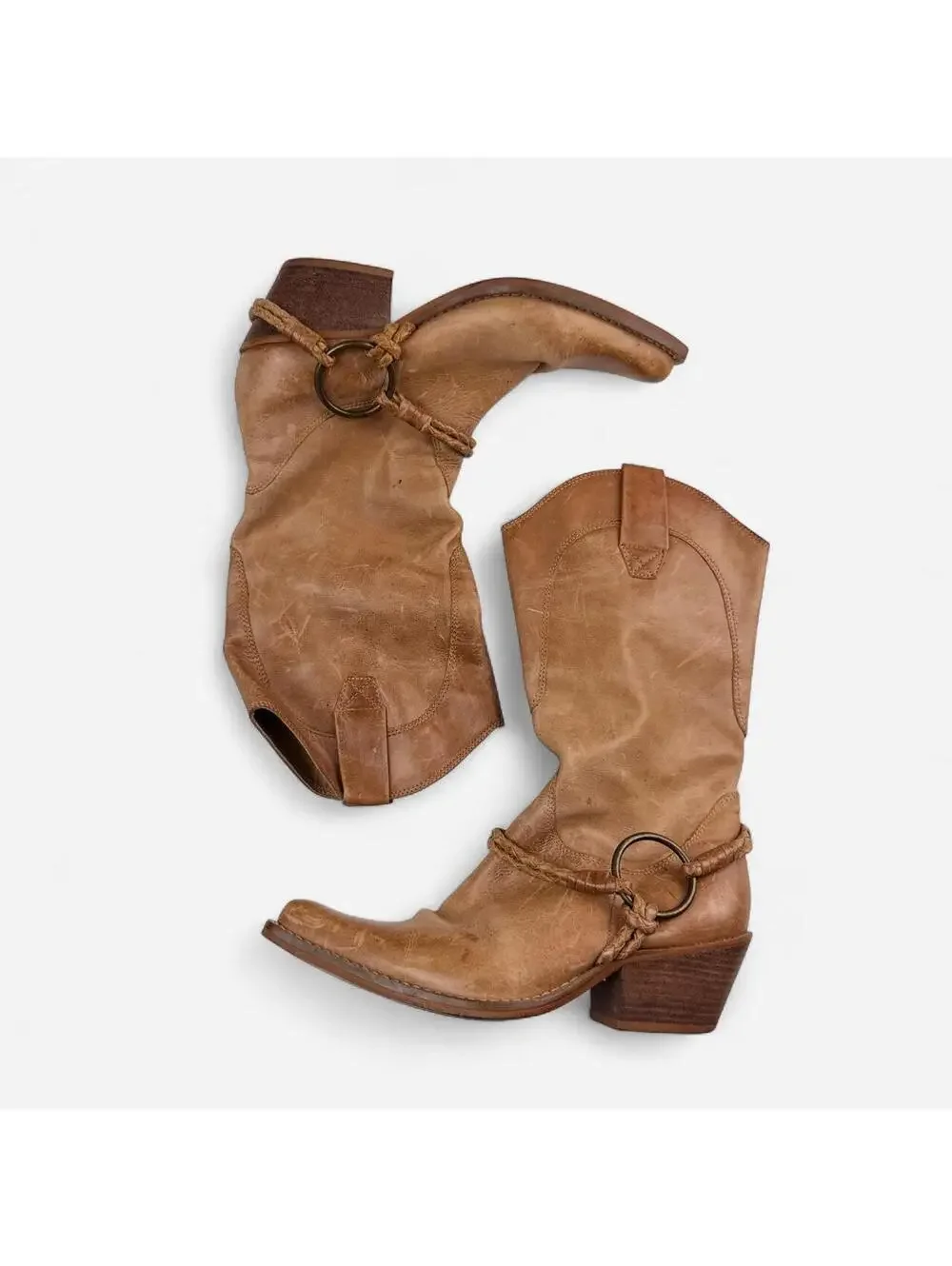 Tan Leather O Ring Harness Western Boots in Tan